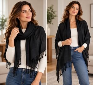 Bindya Lulla Black Viscose Fringe Scarf 54"x30" Shawl Wrap Neck Warmer VG